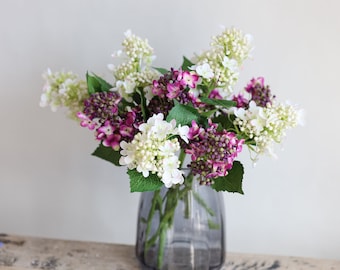 Hortensias violet blanc à floraison précoce, tige d'hortensia en soie, fleur artificielle de haute qualité, décoration florale/mariage/maison à faire soi-même