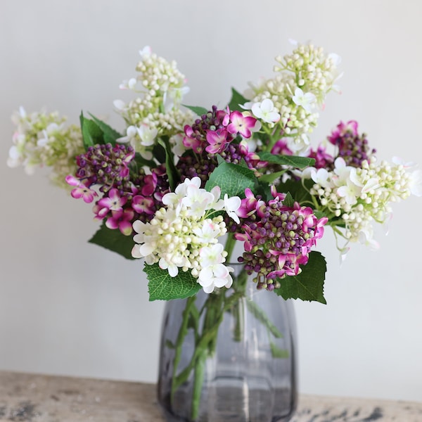 Early-blooming Purple White Hydrangeas, Silk Hydrangea Stem, High-Quality Artificial Flower, DIY Floral/Wedding/Home Decoration