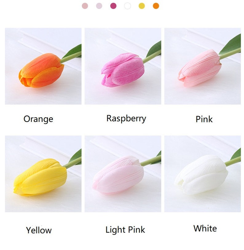 May include: Six artificial tulip flowers in different colors: orange, raspberry, pink, yellow, light pink, and white. The tulips are arranged in two rows of three, with each tulip displayed on a white surface.