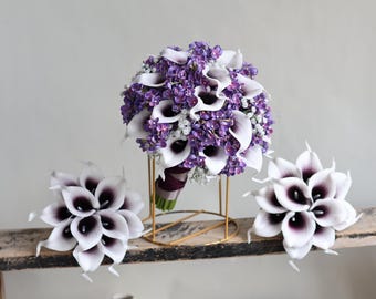 Calla Lilies Wedding Package-Picasso Purple Calla Lilies Silk Bridal Bouquet Boutonnieres Bridesmaids Bouquets Real Touch Flowers