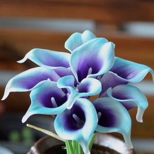 10 Blue Purple  Real Touch Calla Lily Silk Bridal Bouquets Bridesmaids Bouquets Wedding Decorations Table Centerpieces Aqua Blue
