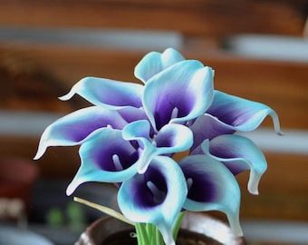 10 Blue Purple  Real Touch Calla Lily Silk Bridal Bouquets Bridesmaids Bouquets Wedding Decorations Table Centerpieces Aqua Blue