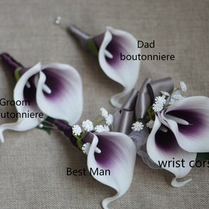 Calla Lilies Wedding Package-Picasso Purple Calla Lilies Silk Bridal Bouquet Real Touch Flowers PU Real Touch Roses image 6