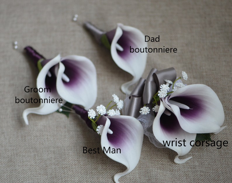 Calla Lilies Wedding Package-Picasso Purple Calla Lilies Silk Bridal Bouquet Real Touch Flowers PU Real Touch Roses image 6