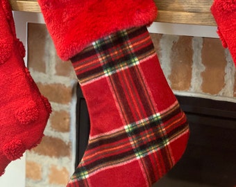 Red wool tartan plaid Christmas stocking/red faux fur stocking/red Christmas stocking