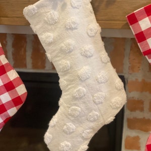 White chenille, Pom pom stocking, white Christmas, polka dot stocking, chunky stocking, vintage Christmas, gifts under 50