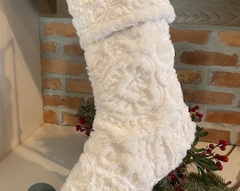 Ivory quilted, Christmas stocking, chunky stocking, embroidered, quilted fur, white stocking, gifts under 50, PLEASE READ full description