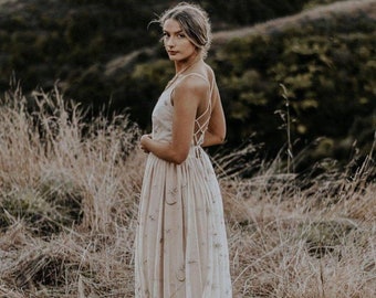 Boho wedding dress, star Wedding dress, gold wedding dress, lace wedding dress, moon and star lace, lace galaxy dress, wedding dress unique,