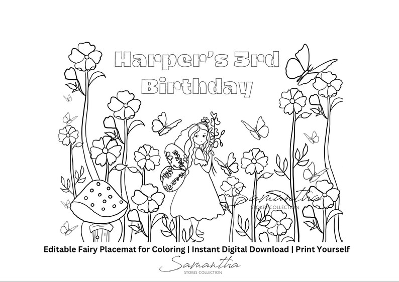 Editable Fairy Placemat for Coloring | Instant Digital Download | Print ...