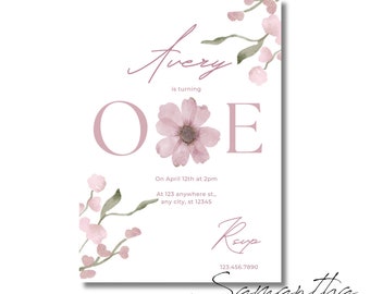 1st Birthday Invitation - Editable | flower first birthday invitation, pink flower invite, editable flower invitation