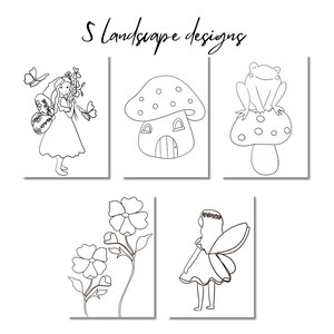Op de afbeelding: Vijf zwart-witte lijntekeningen van sprookjesachtige landschappen. De tekeningen omvatten een fee met vleugels, een paddenstoelhuis, een kikker op een paddenstoel, een bloem en een fee met vleugels.