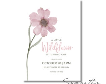 Watercolor flower Birthday Invitation - Editable | flower first birthday invitation, pink flower invite, editable flower invitation