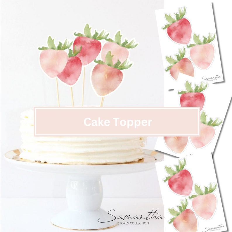 Może przedstawiać: Wodny topper na tort z r&oacute;żowymi i czerwonymi truskawkami z zielonymi liśćmi. Topper ma napis "Cake Topper" i znajduje się na białym torcie.