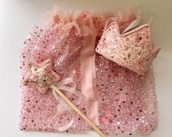 Princess costume, handmade princess cape, pink princess cape, pink princess crown, kids princess costumes, princess wand