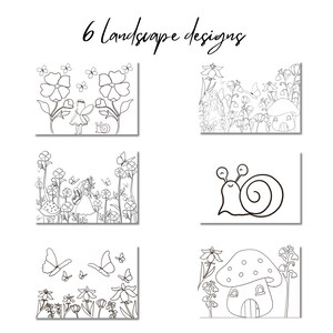 Op de afbeelding: Zes zwart-wit landschapsontwerpen met een fee, een slak, een paddenstoelhuis en vlinders. De ontwerpen zijn perfect voor kleurplaten of knutselprojecten.