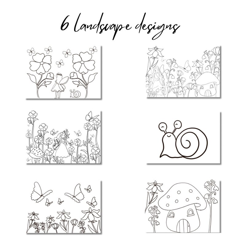 Op de afbeelding: Zes zwart-wit landschapsontwerpen met een fee, een slak, een paddenstoelhuis en vlinders. De ontwerpen zijn perfect voor kleurplaten of knutselprojecten.