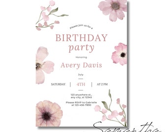 Watercolor flower Birthday Invitation - Editable | flower first birthday invitation, pink flower invite, editable flower invitation