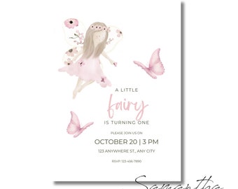 Faire-part d'anniversaire féerique - Modifiable | Invitation de premier anniversaire de fée, invitation de fée rose, invitation de fée modifiable, anniversaire de fée