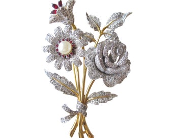 Rare Unsigned Adolph Katz Coro Rhinestone Flower Bouquet Trembler Brooch Pin - Variation