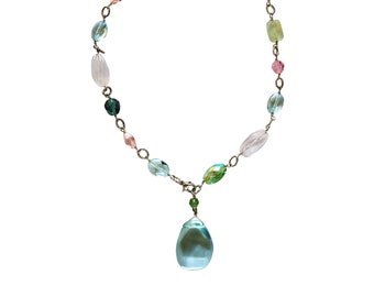 Sterling Silver with Crystal Beads Pendant Choker Necklace - Pastel Colors