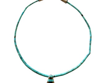 Santa Domingo Turquoise Heishi Choker Necklace with Inlay Pendant