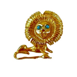 Gold Tone Figural Lion Brooch Pin with Turquoise Eyes