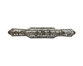 Vintage Sterling Silver Filigree with Rhinestones Bar Pin Brooch