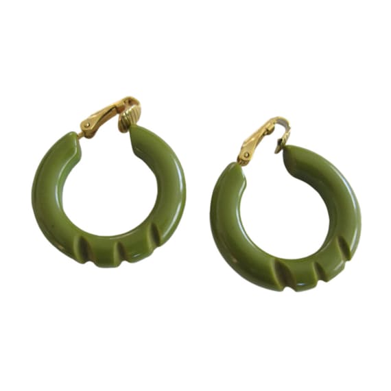 Vintage Green Carved Bakelite Hoop Earring Clips
