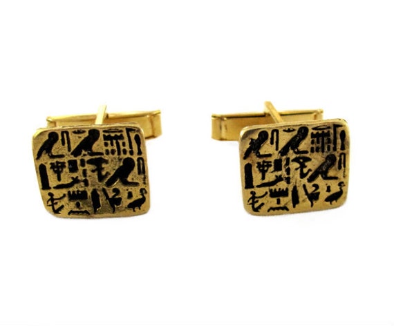Gold Tone Egyptian Hieroglyphics Cufflinks - image 1