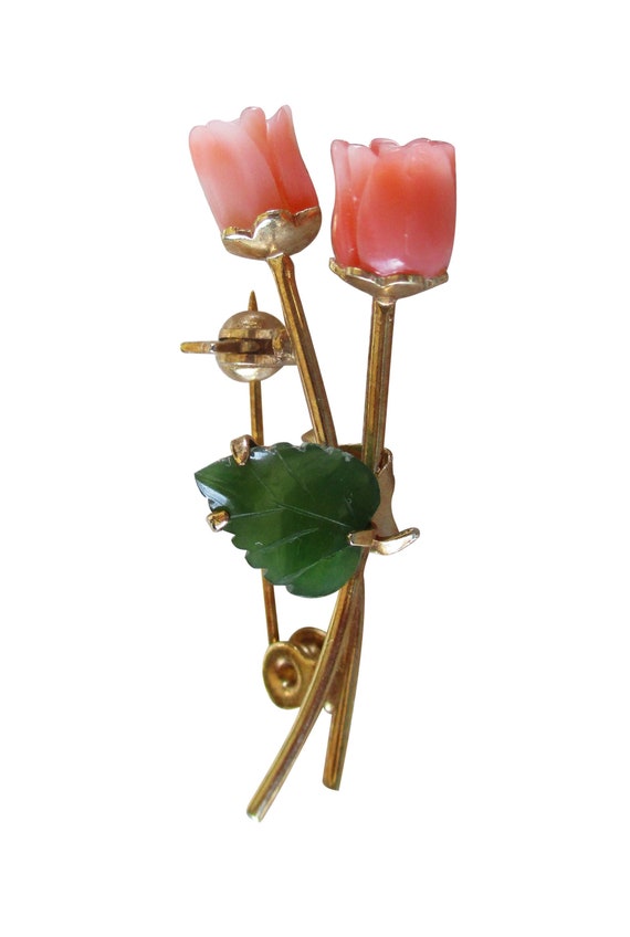 Vintage Gold Tone & Carved Coral Tulip Flowers wit