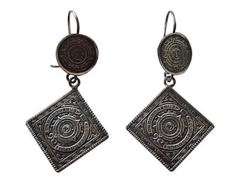 Vintage S.I.V Sterling Silver Aztec Calendar Dangle Earrings