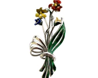 Vintage Mexican Sterling Silver & Enamel Flower Bouquet Brooch Pin