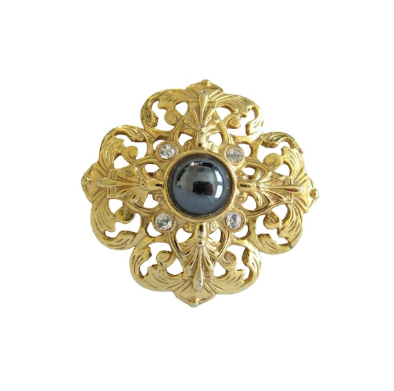 Vintage Rococo Gold Tone Hematite Cabochon & Rhin… - image 1