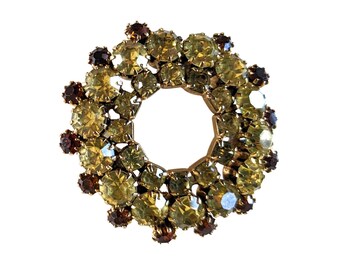 Vintage Pale Citrus & Amber Rhinestone Circle Brooch Pin