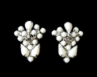 Vintage Silver Tone & Milk Glass Cluster Earring Clips