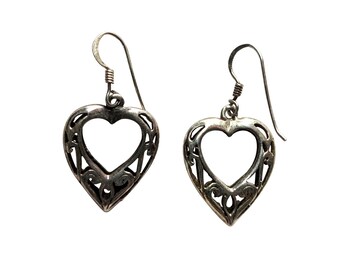 Vintage 925 Sterling Silver Open Heart Dangle Earrings JV 1988