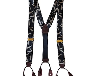 Vintage Perry Ellis Black Silk with Ivory Feather Print & Brown Leather Braces / Suspenders