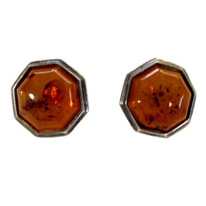 Vintage Baltic Amber & Silver Metal Octagon Shape Earrings