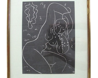 Vintage Framed Lino Cut Print "Nu Au Bracelet" - Nude with Bracelet by Henri Matisse