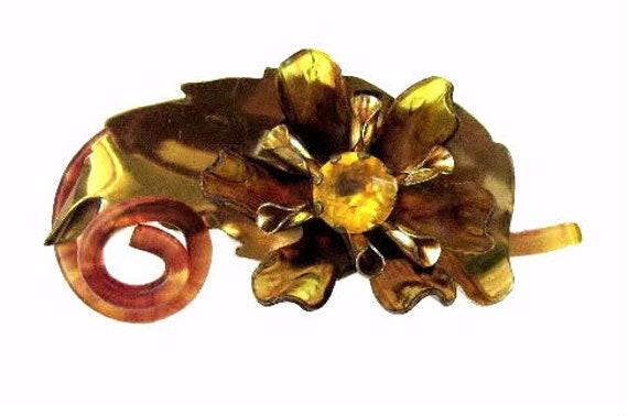 Vintage 40's Brass Leaf With Rhinestone & Celluloid Flower