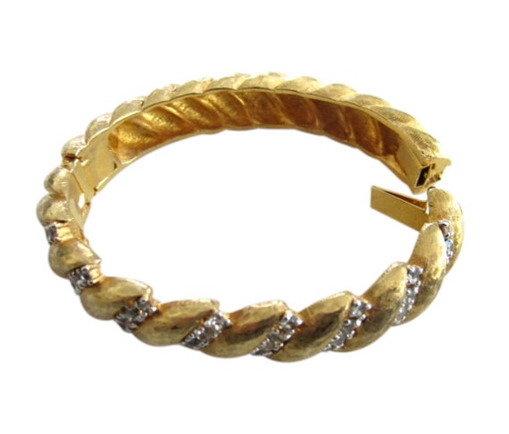 Vintage Jomaz Gold Tone & Rhinestone Hinged Bangle Bracelet