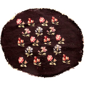 Vintage Large Oval Maroon Floral Wool Needlepoint Chair Seat Footstool Cover