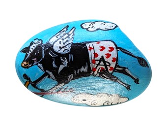 Hand Painted Rock Stone Paperweight with Cupid Cow by Kathy Elliot