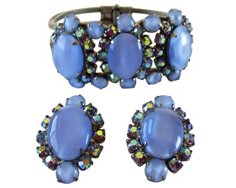 Vintage D & E Juliana Blue Moonglow Cabochons with AB Rhinestones Clamper Bracelet and Earrings Set