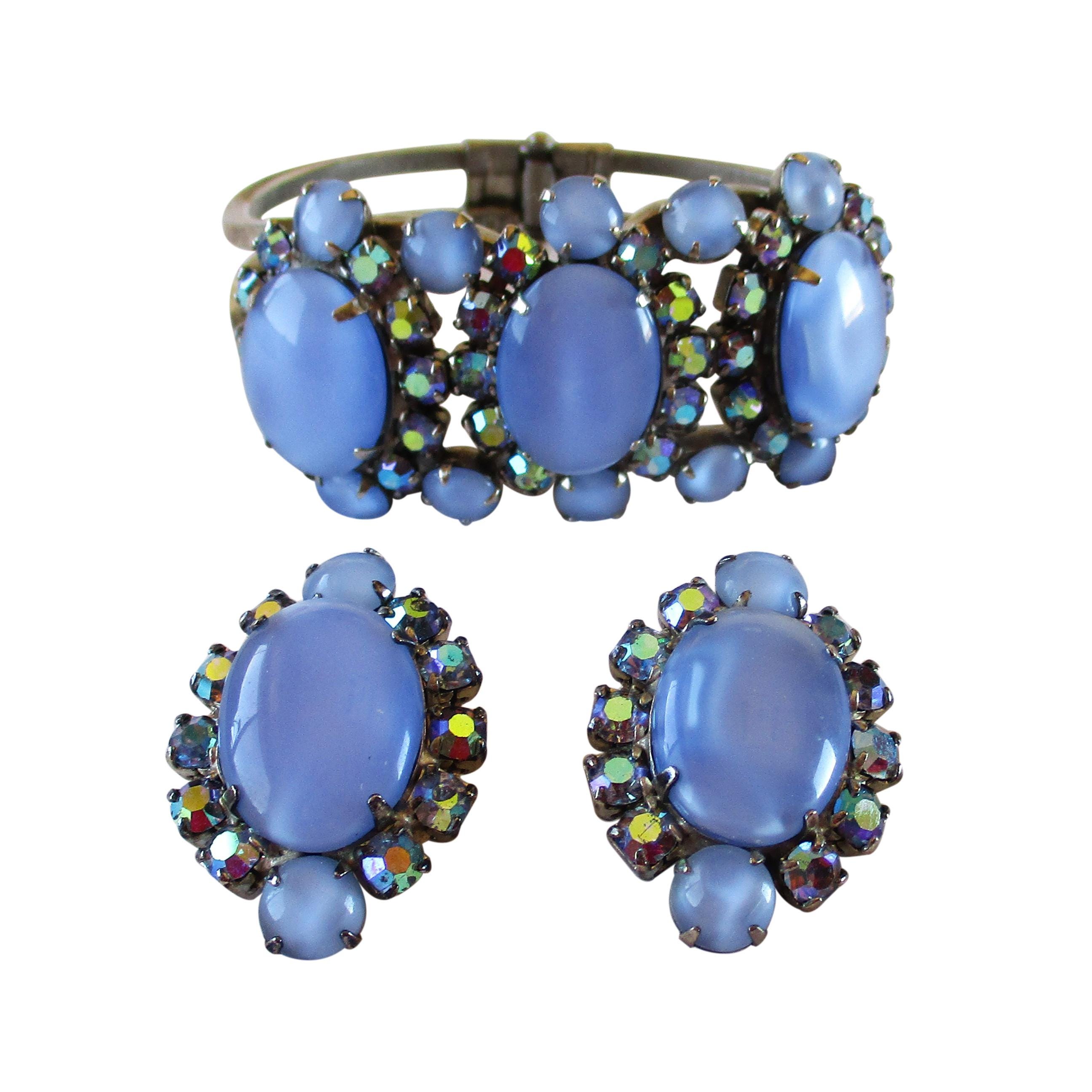 Vintage D & E Juliana Blue Moonglow Cabochons with AB Rhinestones Clamper Bracelet and Earrings Set