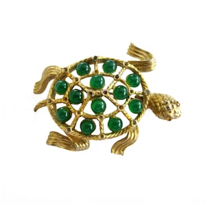 Vintage Gold Tone with Green Glass Beads Figural Turtle Brooch Pin