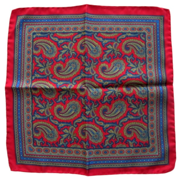Quality Silk Pocket Square Scarf  -  Red, Teal & Tan Paisley  13"