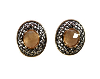 Vintage 90's Oval Two Tone & Citrine Crystal Earing Clips