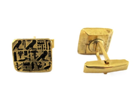 Gold Tone Egyptian Hieroglyphics Cufflinks - image 2