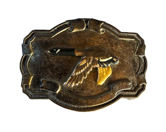 Vintage Bronzed Brass and Enamel Belt Buckle with Flying Goose